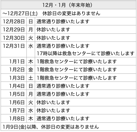 年末年始診療情報